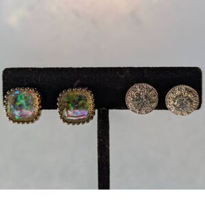 Rhinestone Solitaire and Squared Faux Opals Earrings